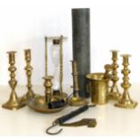 12cm diameter (max) pestle and mortar, set 30lb salters spring scales, pair of brass candlesticks,