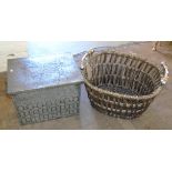 Embossed metalware coal box and wicker basket Condition reports are not available for Interiors