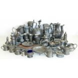 Quantity of mixed pewter, pepperettes, chamber sticks, mustard pot containers and candlesticks