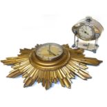 Hammered plated mantel clock by Ferranti and gilt wood sunburst wall clock with quartz movement.
