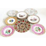 Set of ten 19th century hand-painted plates, Royal Crown Derby plate, two Minton plates and three