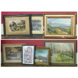 Framed coloured print "Caverswall Castle", two Eva Hollyer prints, three framed rural landscapes.