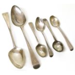 A pair of Georgian silver tablespoons by Samuel Godbehere, Edward Wigan & James Boult and four small