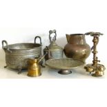 Embossed brass incence/charcoal burner, trio brass bells on stand, embossed kettle and copper jug.
