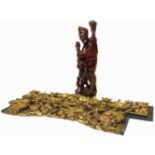 Chinese Hardwood figure and two gilded chinese panels Condition reports are not available for