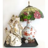 Pair Academy table lamps, oriental style lamp base with Tiffany style shade. Condition reports are