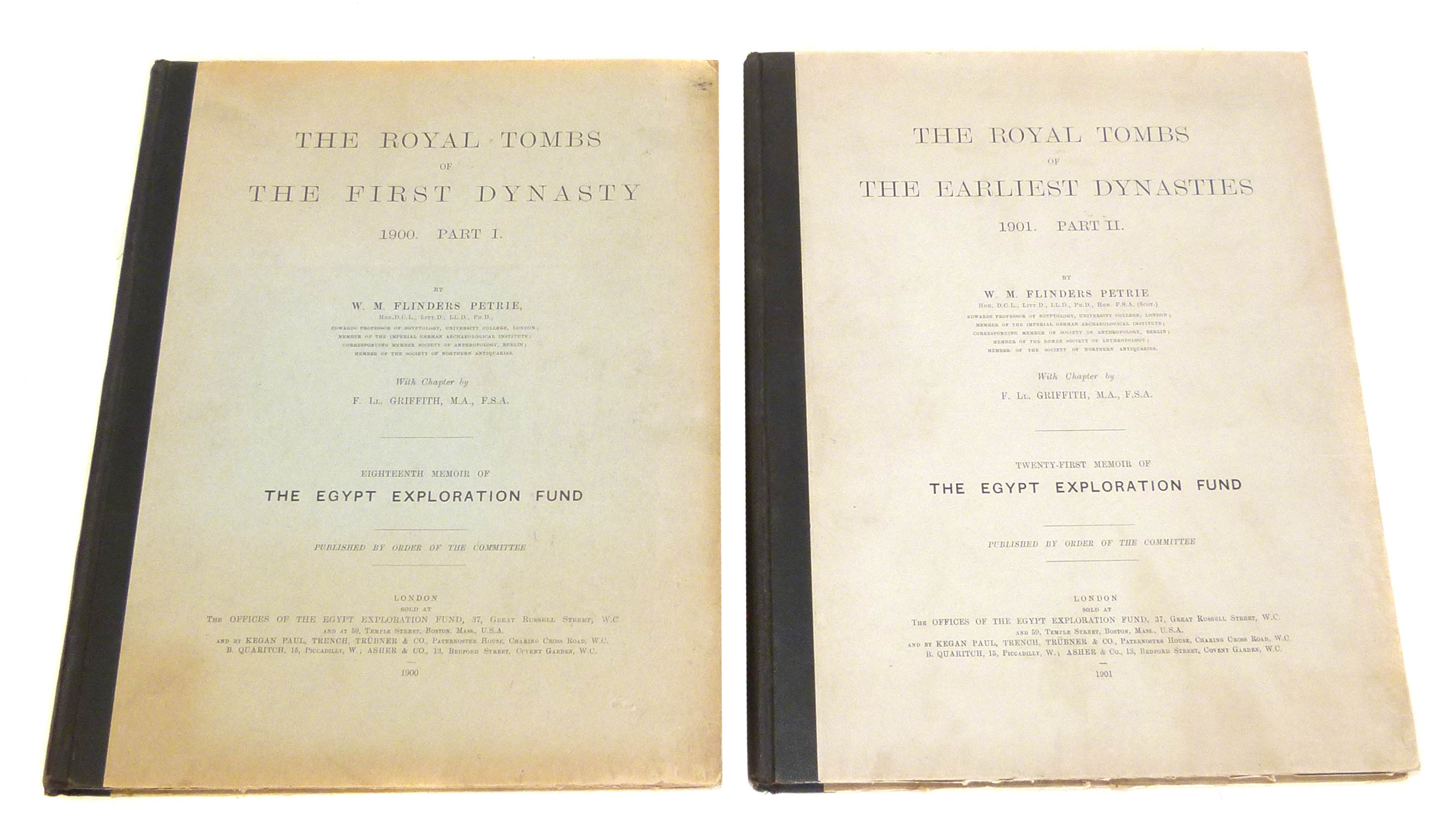 Two volumes "The Royal Tombs of the Earliest Dynasties" by W.M. Flinders Petrie. Condition reports