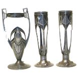 Two Art Noveau pewter vases by Orivit (glass missing) and another two handled pewter vase (glass