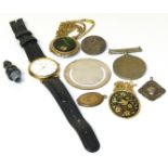Defence medal, Citizen Quartz wristwatch, silver swimming medal (Stoke-on-Trent), Lator pendant