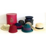 Christys (London Hats) box, panama hat, Herdwick deer stalker, two Laura Ashley hats, naval hat