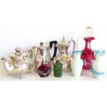 Three pieces of plated ware, ruby glass ewer, a pair of coloured glass vases and two scent bottles