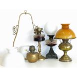 Victorian oil lamp on cast iron base, hanging oil lamp, brass rayo lamp and oil lampw ith glass