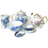 Lowestoft teapot, Worcester teapot, mug, teabowl and saucer, asparagus server and one other bowl (