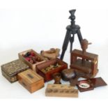 Two un-marked chess sets, small oak press with clover leaf handle, quantity of mixed treen and