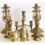 Pair of wall mounted brass swivel sconces, pair 14cm candlesticks on oval bases etc. Condition