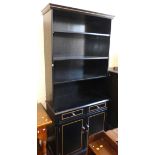 Art Deco black ash style open bookcase with cupboards and drawers to base, 91cm wide and 202cm tall.
