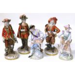 Three Dresden figures of Musketeers, also two other figures of a lady and gentleman. Condition