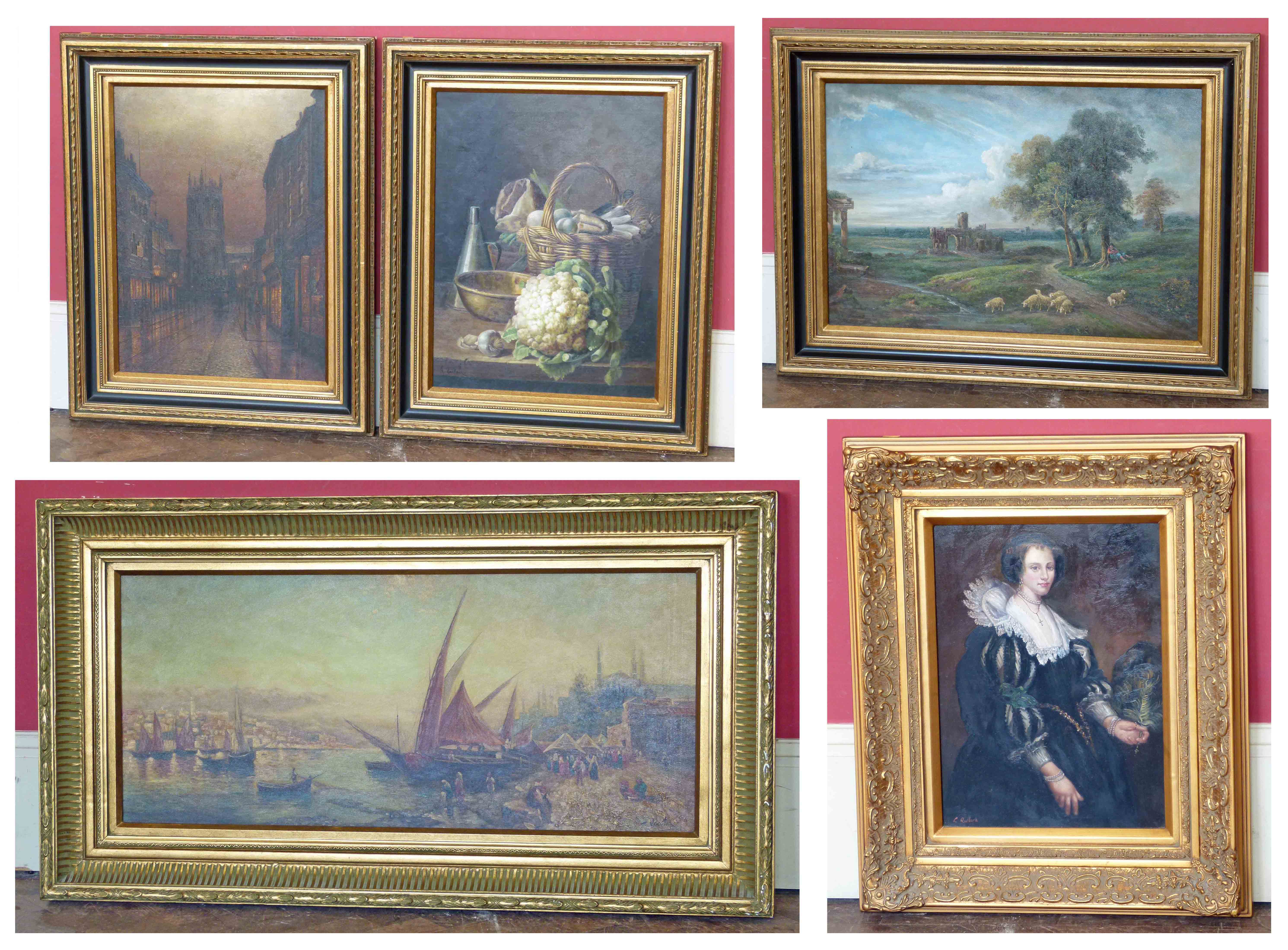 Five reproduction gilt framed pictures. Condition reports are not available for Interiors Sale