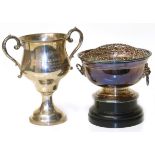 Birmingham silver rose bowl on pedestal and silver "Roots & Hay" two handled trophy Condition