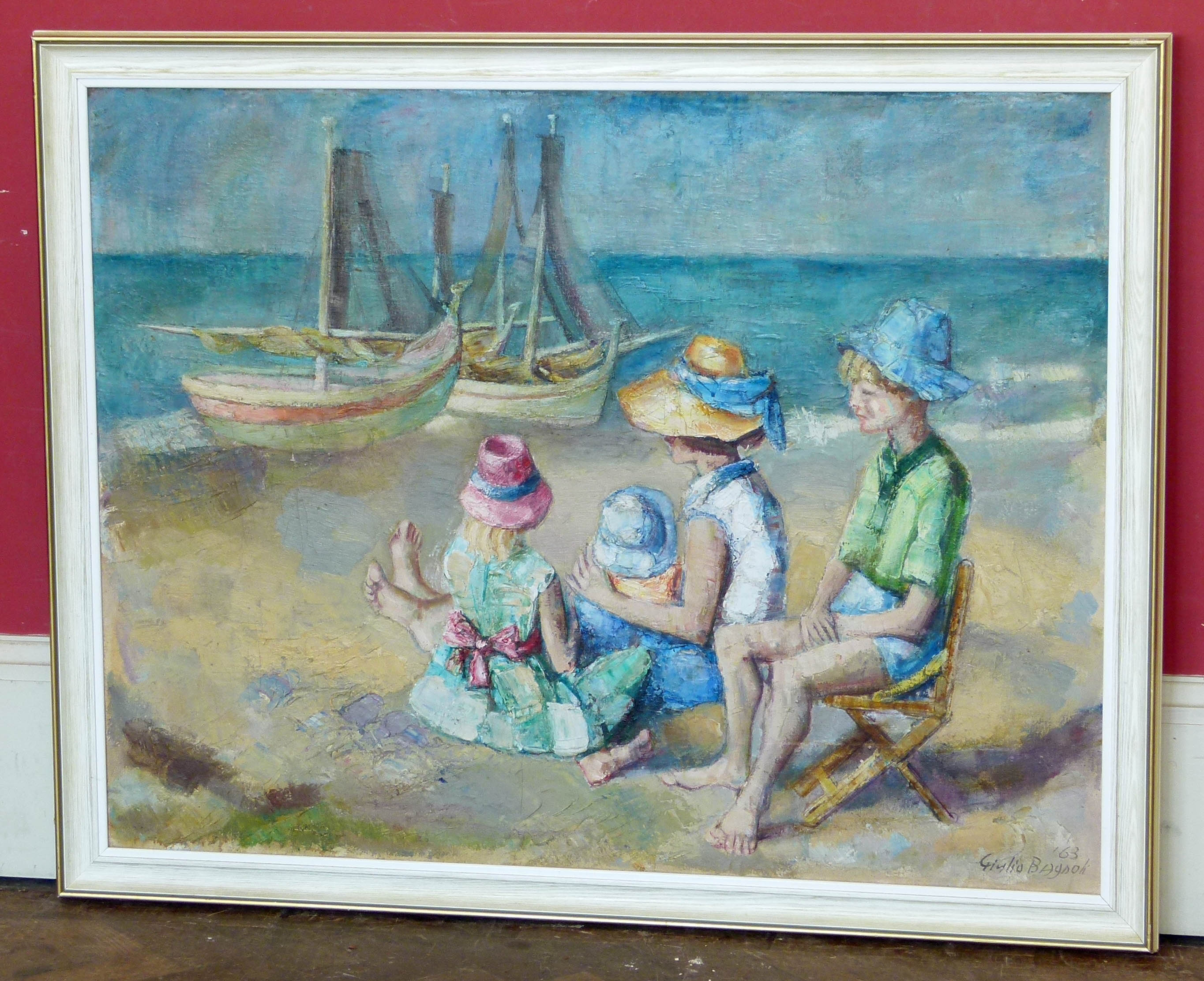 Giulio Bagnoli, Beach scene with figures, dated '63, oil on canvas. Condition reports are not