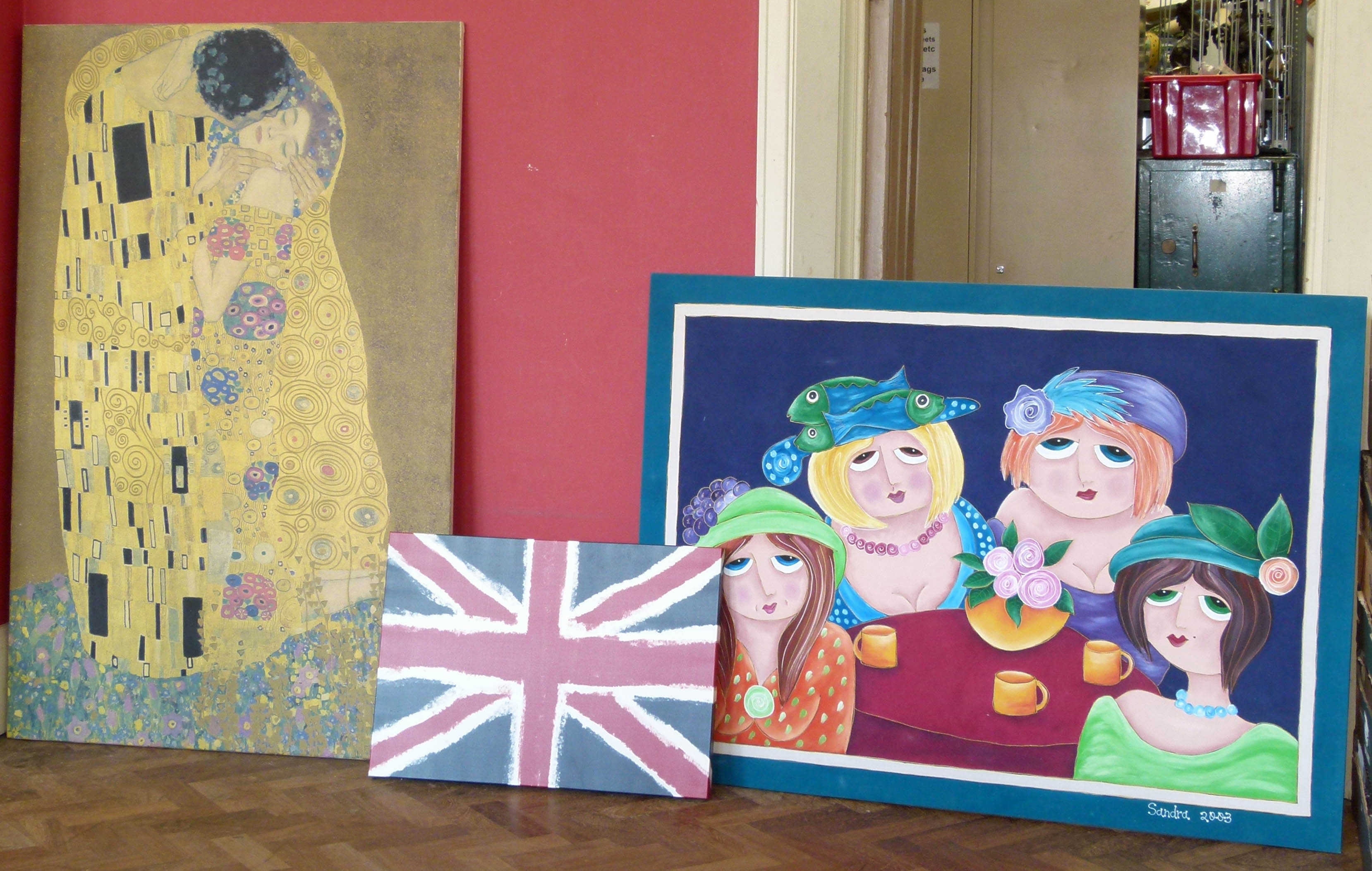 Three large modern artworks to include original painting of ladies by Sandra, 2003 and two large
