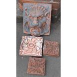 Pre-cast lion mask wall decoration and three tiles Condition reports are not available for Interiors