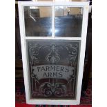 Victorian etched glass window "Farmers Arms" in original wooden frame. Condition reports are not