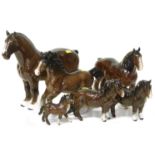 Three Beswick shire horses, two Shetland ponies and a foal Condition reports are not available for