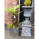 19th century style fibreglass urn on plinth and square lead effect planter Condition reports are not