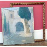 Framed oil on Continental scene depicting entrance to building with trees, signature unclear.