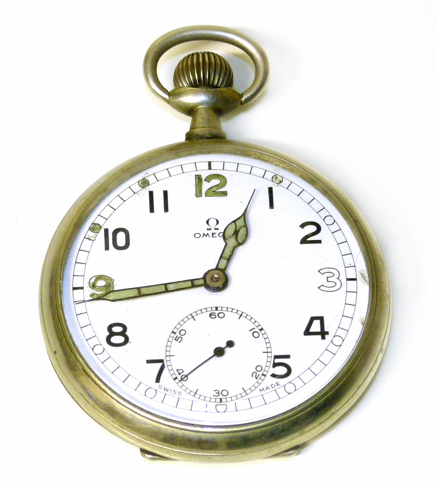 An Omega white metal open face pocket watch, the signed circular white enamel dial with Arabic