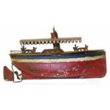 Hand painted tin plate steam boat with working clockwork motor, 21cm long. Condition reports are not