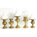 Five brass oil lamps (one converted to electricity) Condition reports are not available for the