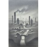Trevor Grimshaw, Industrial townscape with canal, graphite.