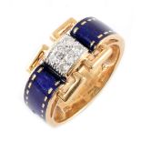 A 1960's diamond rectangular cluster and blue enamel 18ct gold ring,