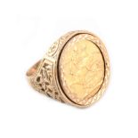 Full sovereign signet ring in 9ct gold mount and shank.