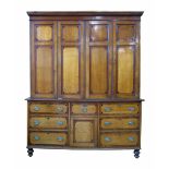 George III oak and mahogany cross-banded housekeepers cupboard.