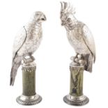 A pair of German silver models of a Parrot and Parakeet,