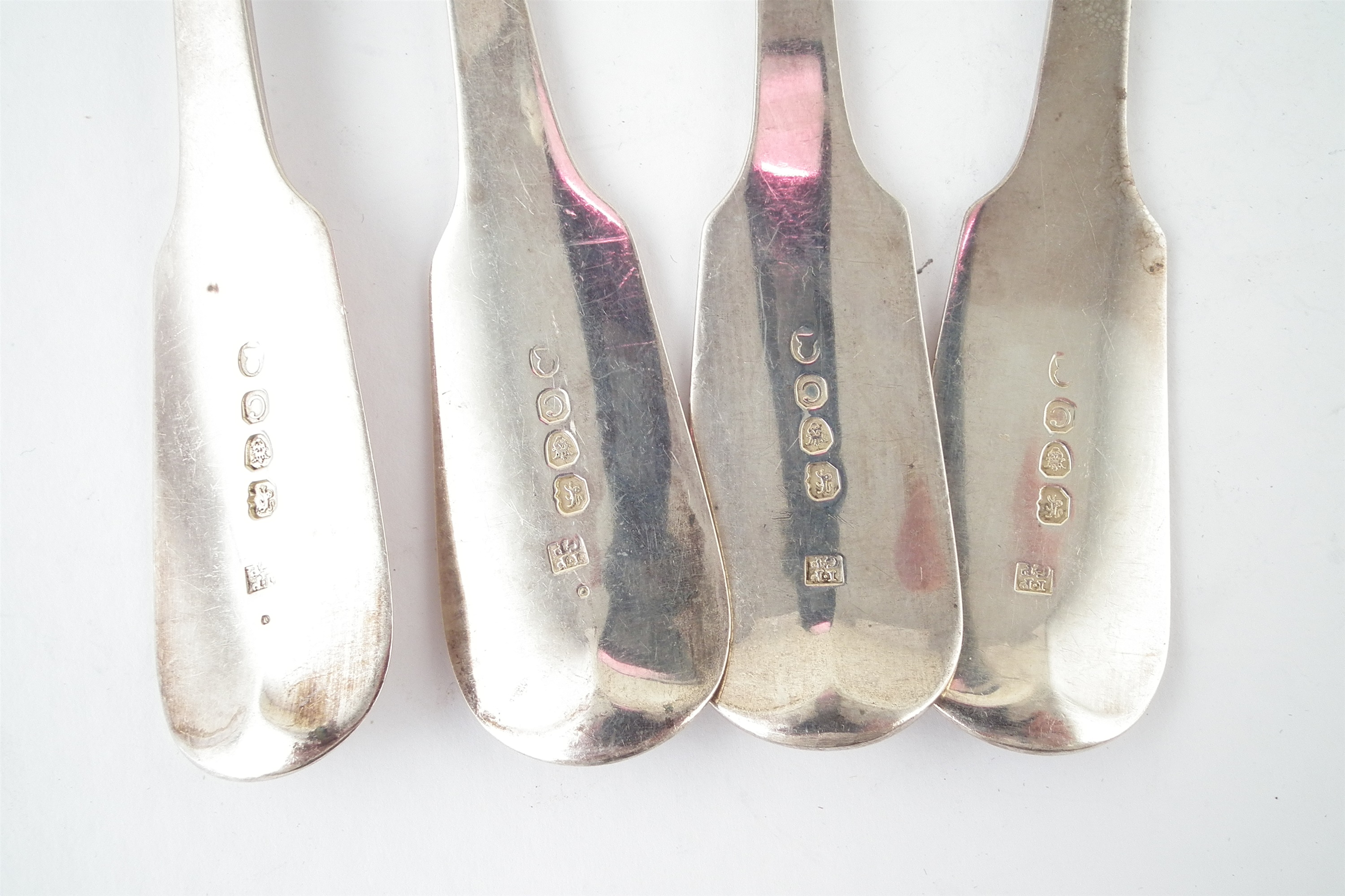 Four Georgian silver fiddle patten tablespoons, - Image 3 of 3