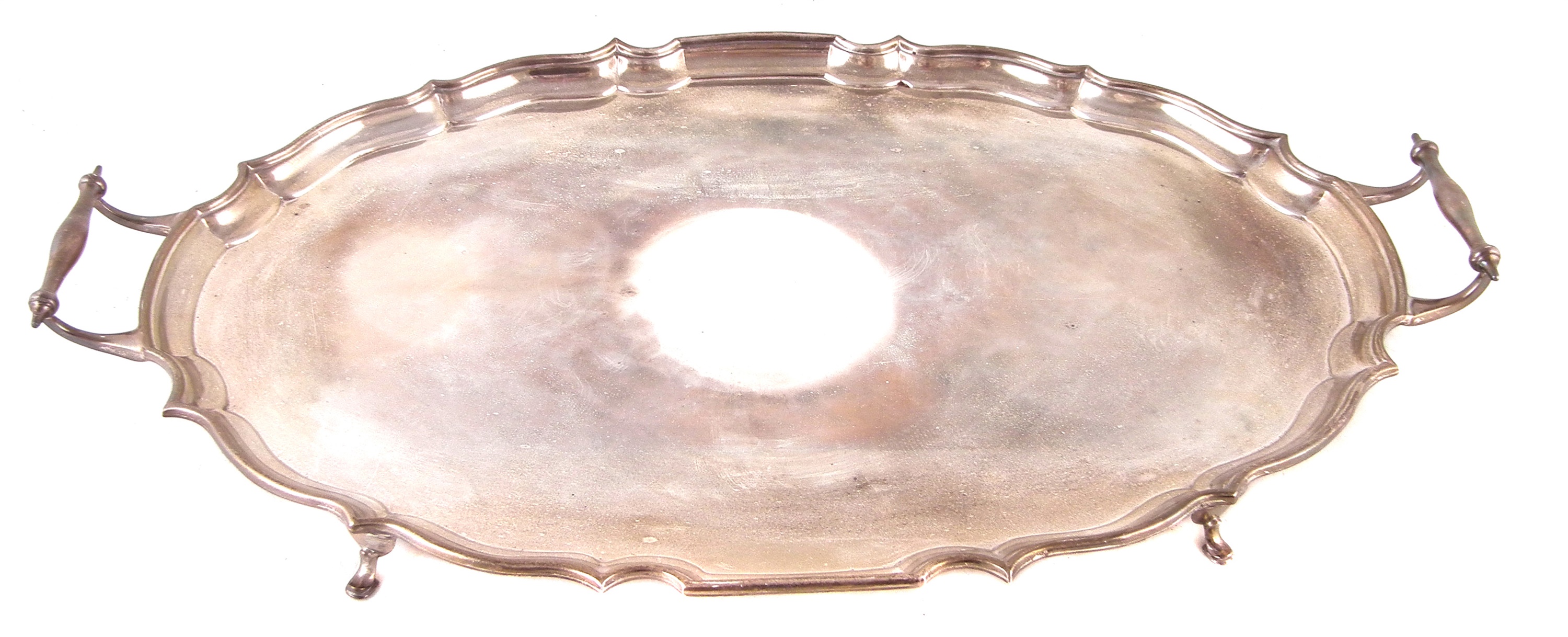 A large oval silver tray, marks for Barker Ellis & Co, Birmingham, 1966 gross weight 87.29ozt