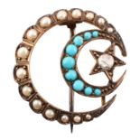 Victorian pearl, turquoise and diamond double crescent brooch.