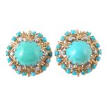 A pair of 18ct gold turquoise and diamond set round cluster clip-back earrings.