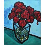 Malcolm Croft, "Crimson Carnations in a Glass Vase", oil.