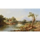 J. Wilson, 19th century, River landscape with figures on the riverbank and cattle watering, oil.