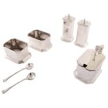 Deco silver tea set by Edward & Sons, including mustard pot, salts and pepperettes, 395g