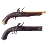 Two Flintlock pistols, one with brass barrel and furniture, the lock bearing the name Nock, the