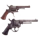 Two Belgian pinfire revolvers, both with six shot cylinders, actions faulty, the largest measures