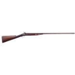 Percussion 11 bore sporting gun, with damascus barrel, chequered stock, scroll engraved action, 90cm