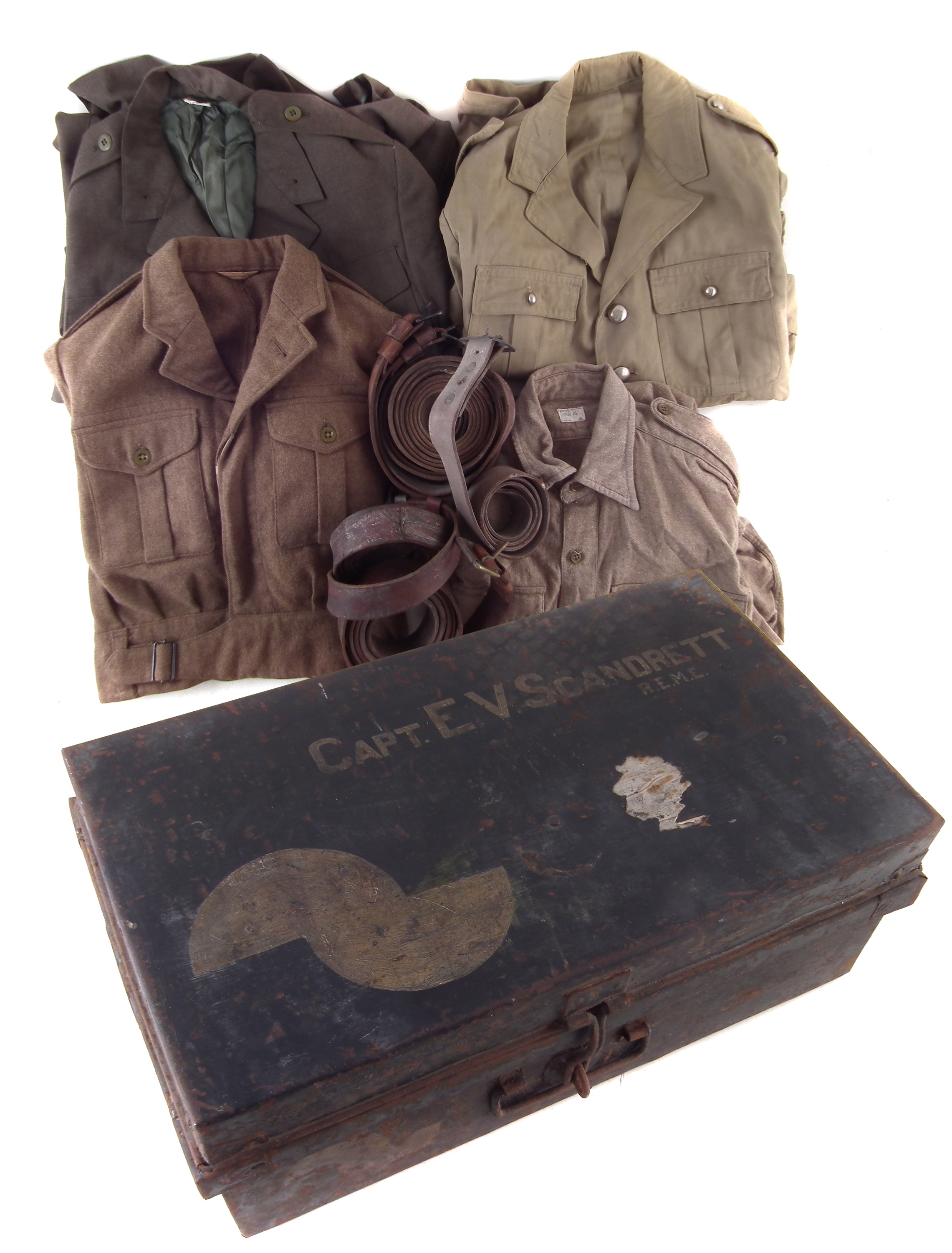 WWII R.E.M.E officers trunk and various uniform, the trunk labelled Capt E.V. Scandrett, the