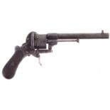 Pinfire revolver, with six shot 9mm chambers, spur-less hammer, chequered grip, fitted into a